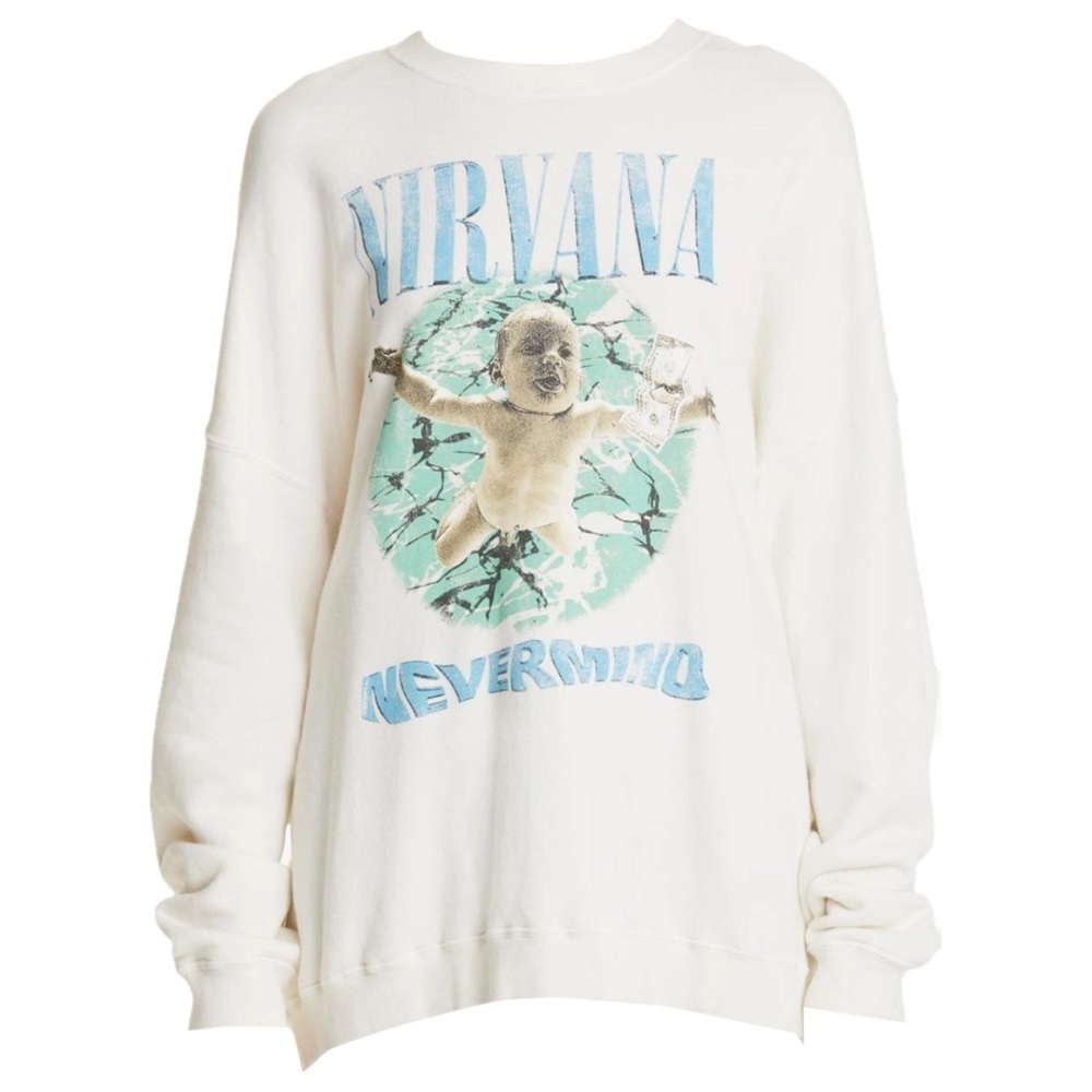 R13 White Nirvana 'Nevermind' Graphic Sweatshirt with Aqua and Blue Print